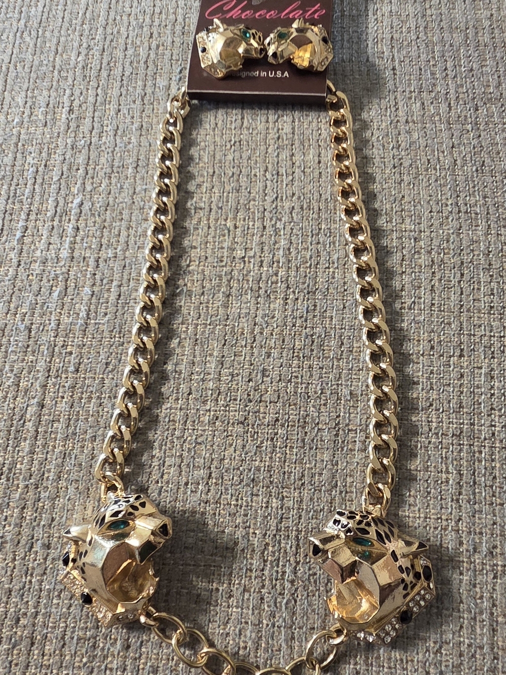 Chocolate Gold-Tone Leopard Head Necklace and Earrings Set